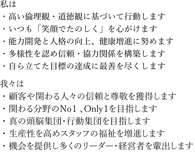 私は・高い倫理観・道徳観に基づいて行動します・いつも「笑顔でたのしく」を心がけます・能力開発と人格の向上、健康増進に努めます・多様性を認め信頼・協力関係を構築します・自ら立てた目標の達成に最善を尽くします